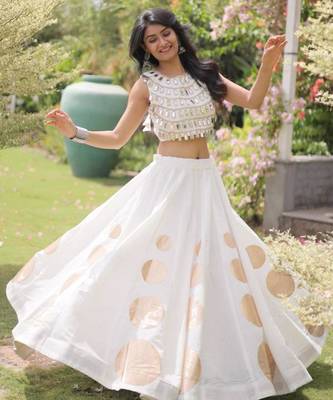 Off-White Mirror Work Silk Blend Printed Navratri Lehenga Choli 4