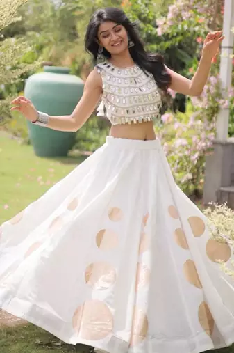 Off-White Mirror Work Silk Blend Printed Navratri Lehenga Choli