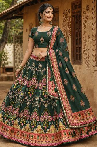 Navratri Ajrakh Print Rayon Lehenga Choli & Blouse With Dupatta