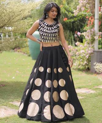 Black Mirror Work Silk Blend Printed Navratri Lehenga Choli 1