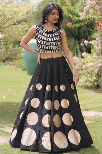black mirror work silk blend printed lehenga choli