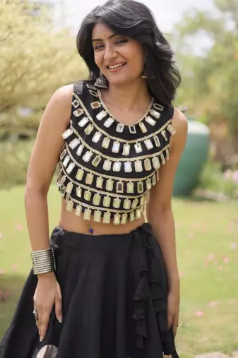 Black Mirror Work Silk Blend Printed Navratri Lehenga Choli