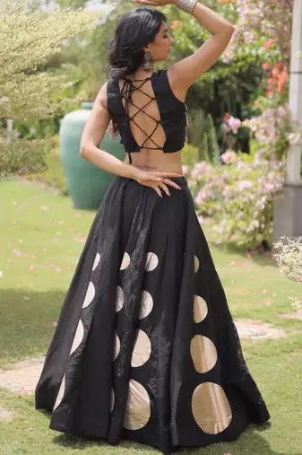 Black Mirror Work Silk Blend Printed Navratri Lehenga Choli