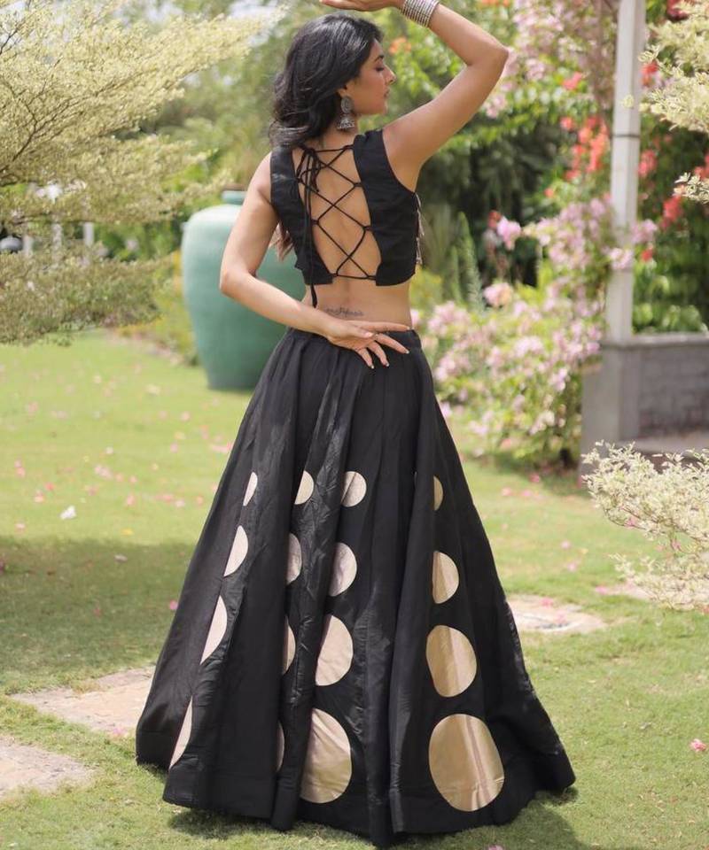 Black Mirror Work Silk Blend Printed Navratri Lehenga Choli