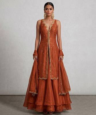 Rust orange embroidered organza Lehenga set 1
