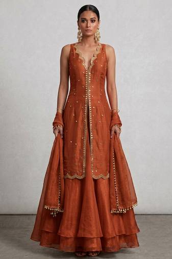 Rust orange embroidered organza Lehenga set