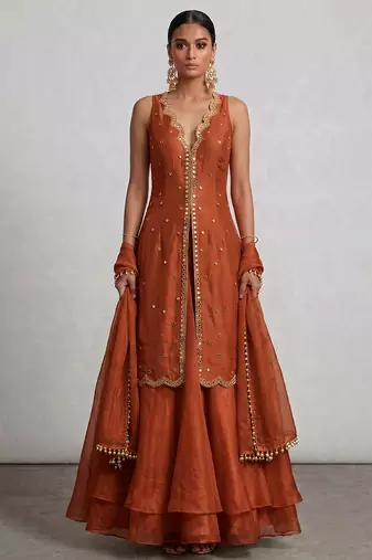 Rust orange embroidered organza Lehenga set