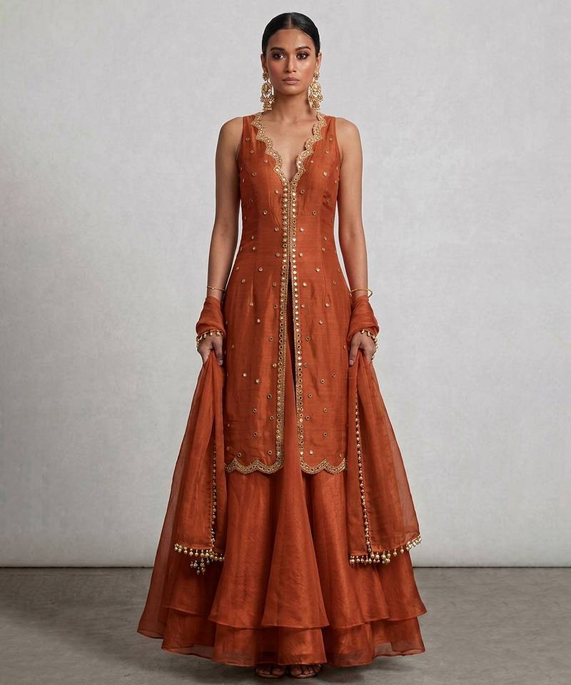 Rust orange embroidered organza Lehenga set