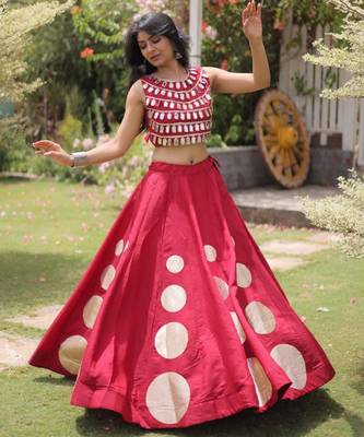 Maroon Mirror Work Silk Blend Printed Navratri Lehenga Choli 1