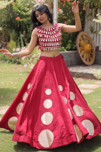 Maroon Mirror Work Silk Blend Printed Navratri Lehenga Choli