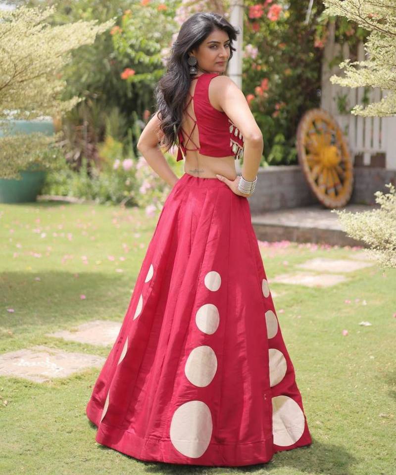 Maroon Mirror Work Silk Blend Printed Navratri Lehenga Choli