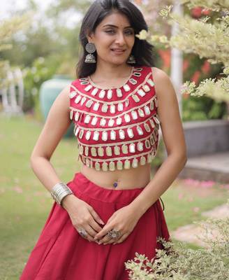 Maroon Mirror Work Silk Blend Printed Navratri Lehenga Choli 3