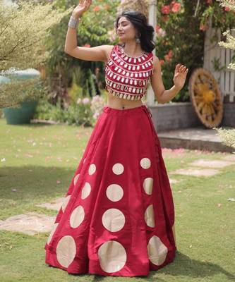 Maroon Mirror Work Silk Blend Printed Navratri Lehenga Choli 4