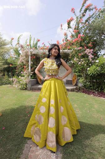 Parrot Green Mirror Work Silk Blend Printed Navratri Lehenga Choli