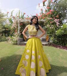 Parrot Green Mirror Work Silk Blend Printed Navratri Lehenga Choli