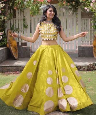 Parrot Green Mirror Work Silk Blend Printed Navratri Lehenga Choli 2
