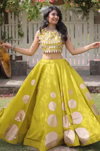 Parrot Green Mirror Work Silk Blend Printed Navratri Lehenga Choli