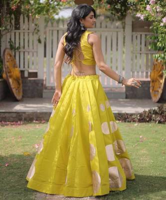 Parrot Green Mirror Work Silk Blend Printed Navratri Lehenga Choli 3