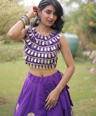 Purple Mirror Work Silk Blend Printed Navratri Lehenga Choli 3
