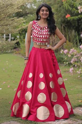 Pink Mirror Work Silk Blend Printed Navratri Lehenga Choli