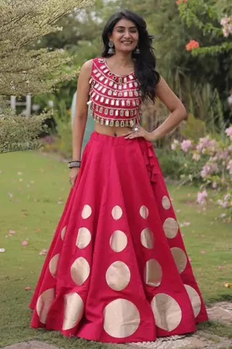 Pink Mirror Work Silk Blend Printed Navratri Lehenga Choli