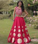 Pink Mirror Work Silk Blend Printed Navratri Lehenga Choli