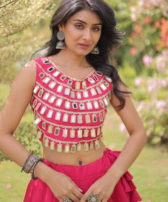 Pink Mirror Work Silk Blend Printed Navratri Lehenga Choli 2