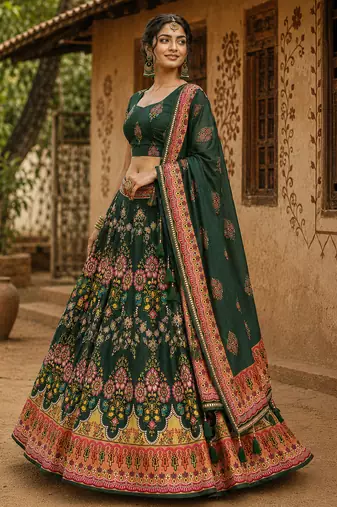 Navratri Ajrakh Print Rayon Lehenga Choli & Blouse With Dupatta