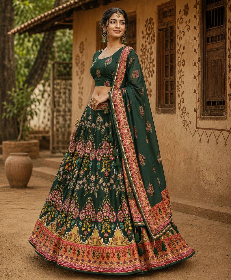Navratri Ajrakh Print Rayon Lehenga Choli & Blouse With Dupatta
