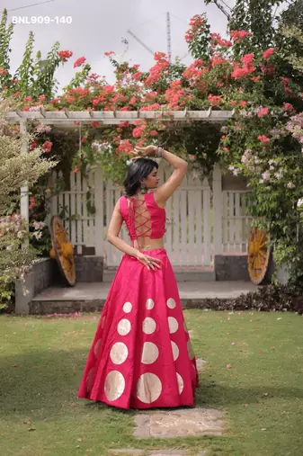 Pink Mirror Work Silk Blend Printed Navratri Lehenga Choli