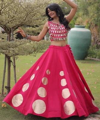 Pink Mirror Work Silk Blend Printed Navratri Lehenga Choli 4