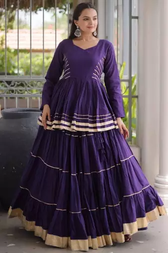 Purple Gota Patti Cotton Poly Embroidered Navratri Lehenga Choli