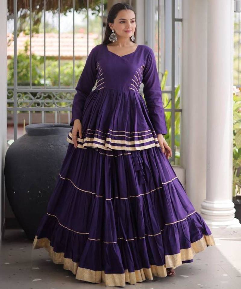 Purple Gota Patti Cotton Poly Embroidered Navratri Lehenga Choli