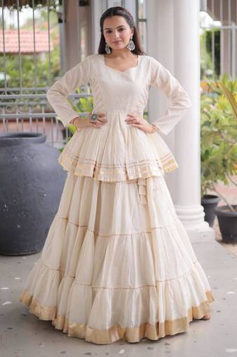Off-White Gota Patti Cotton Poly Embroidered Navratri Lehenga Choli