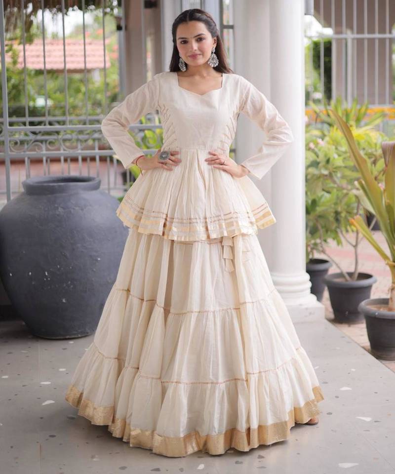 Off-White Gota Patti Cotton Poly Embroidered Navratri Lehenga Choli