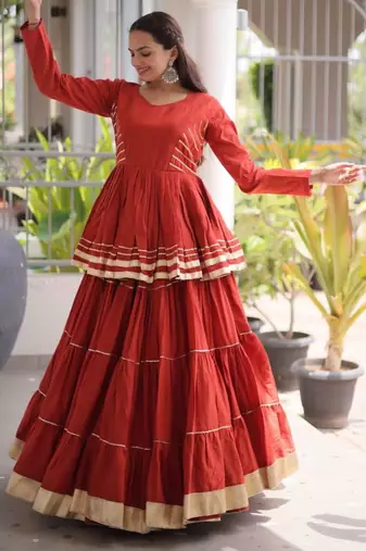 Orange Gota Patti Cotton Poly Embroidered Navratri Lehenga Choli