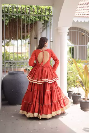 Orange Gota Patti Cotton Poly Embroidered Navratri Lehenga Choli