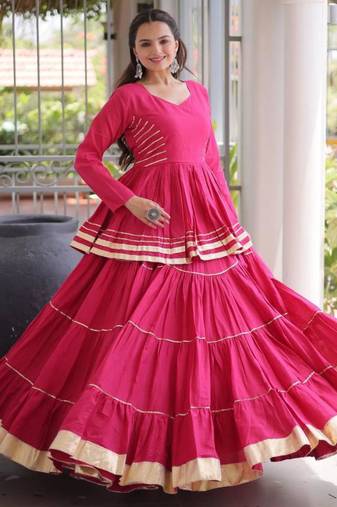 Rani Pink Gota Patti Cotton Poly Embroidered Navratri Lehenga Choli