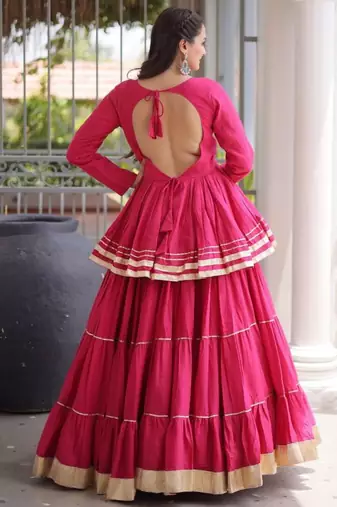 Rani Pink Gota Patti Cotton Poly Embroidered Navratri Lehenga Choli