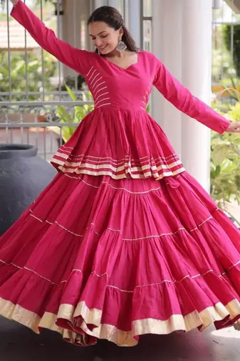 Rani Pink Gota Patti Cotton Poly Embroidered Navratri Lehenga Choli
