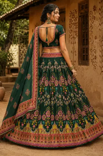 Navratri Ajrakh Print Rayon Lehenga Choli & Blouse With Dupatta