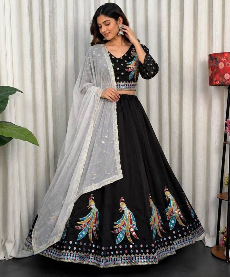 Black Mirror Work Silk Blend Embroidered Navratri Lehenga Choli