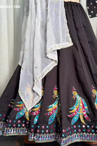 Black Mirror Work Silk Blend Embroidered Navratri Lehenga Choli