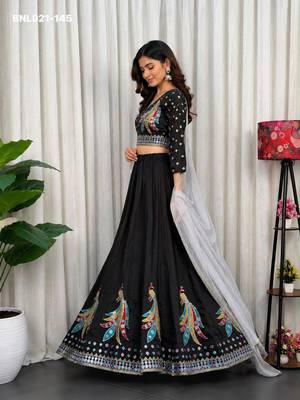 Black Mirror Work Silk Blend Embroidered Navratri Lehenga Choli 4