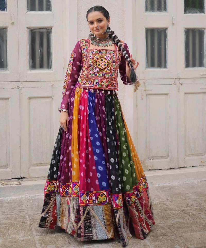 Multicolor Thread Work Georgette Embroidered Navratri Lehenga Choli