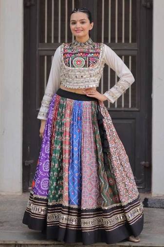 Multicolor Mirror Work Cotton Poly Embroidered Navratri Lehenga Choli