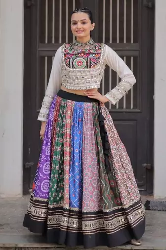 Multicolor Mirror Work Cotton Poly Embroidered Navratri Lehenga Choli