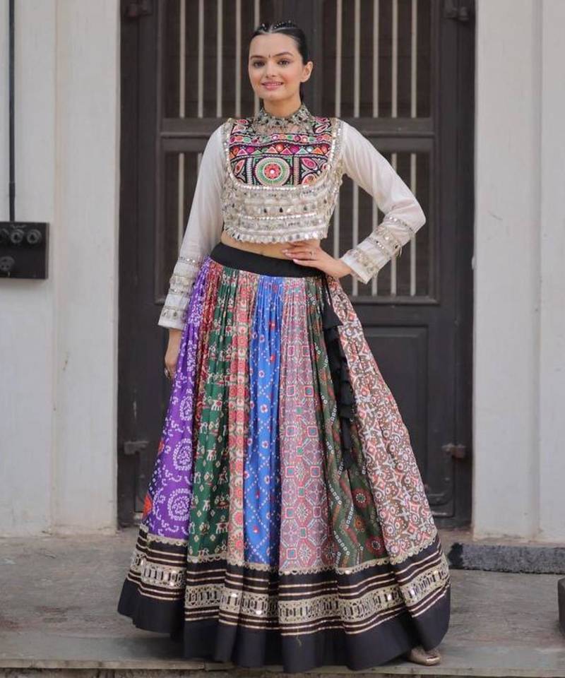 Multicolor Mirror Work Cotton Poly Embroidered Navratri Lehenga Choli