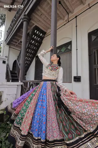 Multicolor Mirror Work Cotton Poly Embroidered Navratri Lehenga Choli