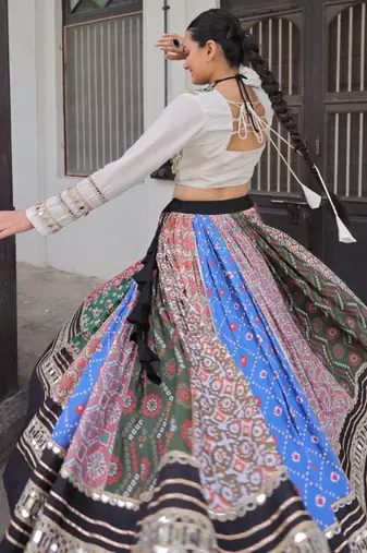 Multicolor Mirror Work Cotton Poly Embroidered Navratri Lehenga Choli